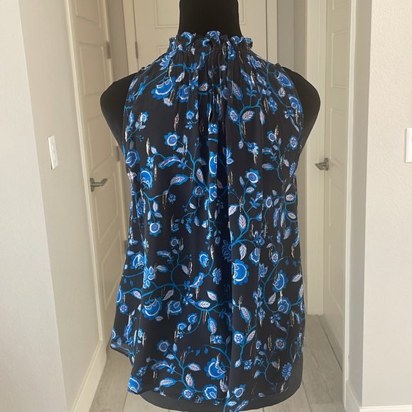 Rebecca Taylor Sleeveless Metallic Print Silk Top in Blue & Black Size 0 - Picture 5 of 11